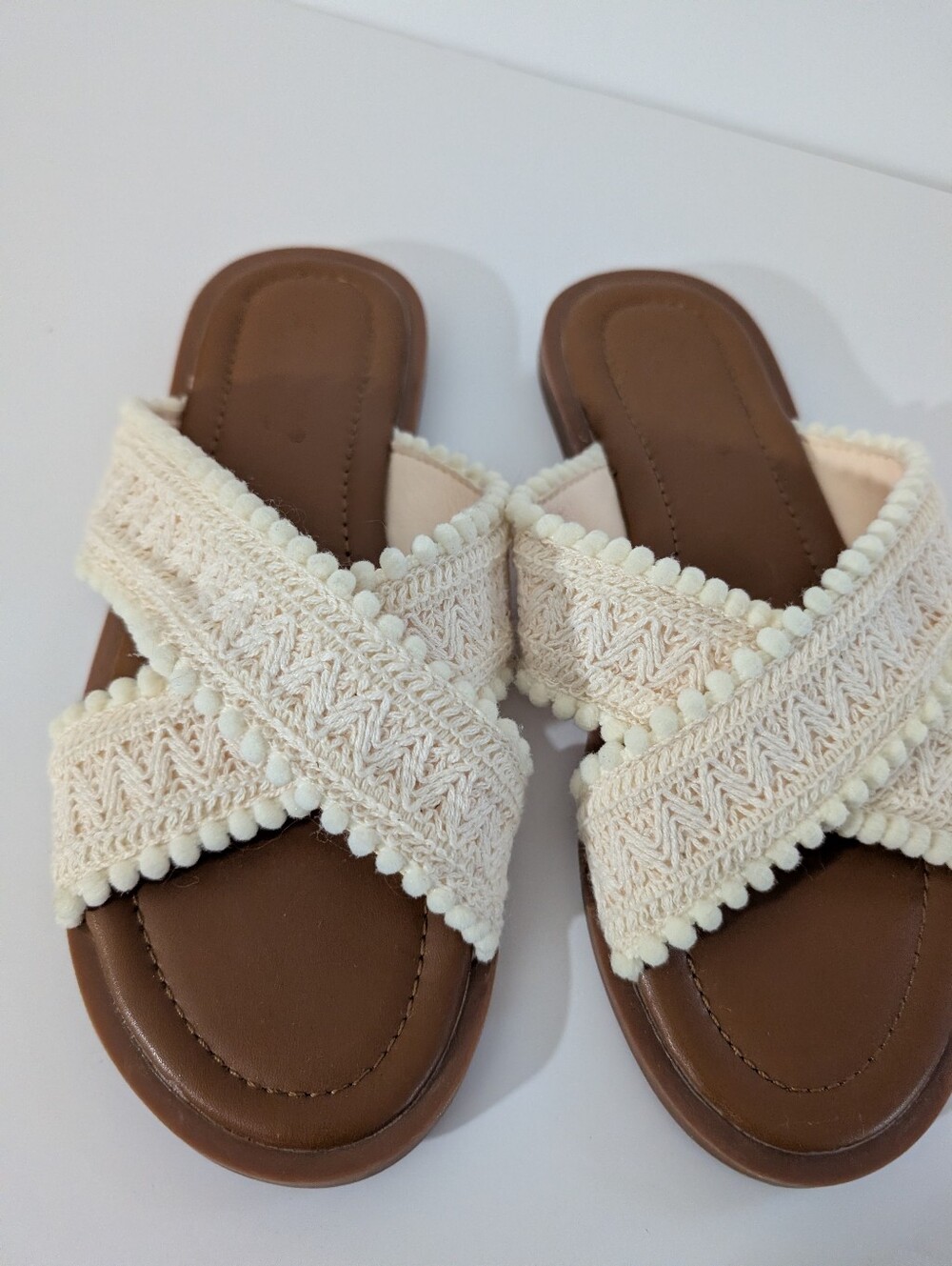 Cream Woven Crossband Slide Sandals - Unbranded